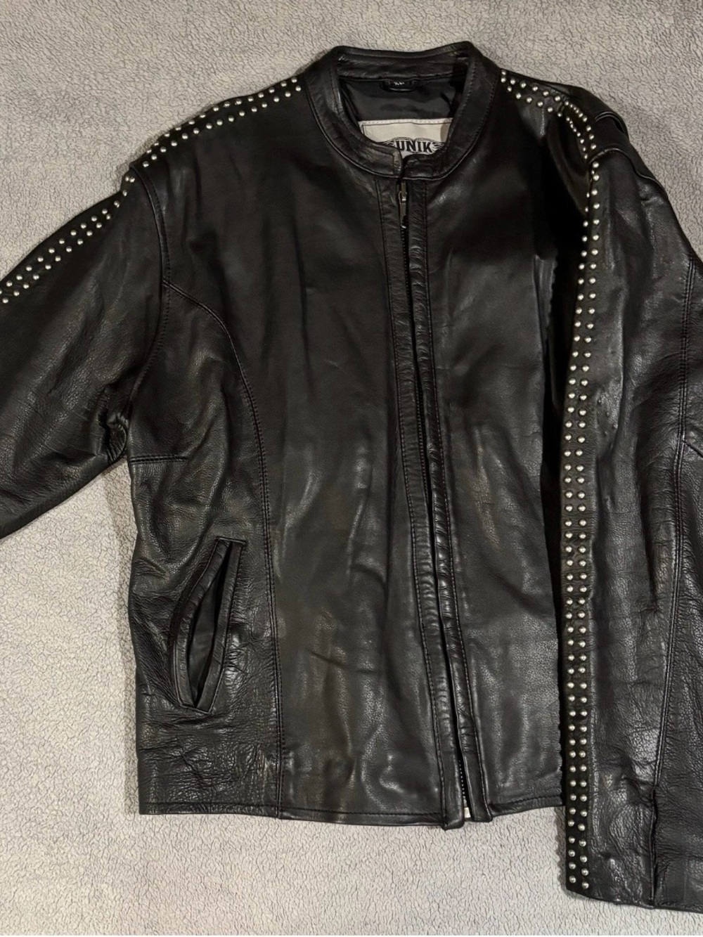 Unik Black Studded Leather Jacket - Women's Sleek Zip Front